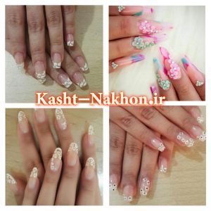 کاشت ناخن با تخفیف پیروزی - کاشت ناخن با طرح های آبی در سه دیزاین مختلف با یک کاشت برجسته زیبای نوک تیز به رنگ صورتی و فیروزه ای